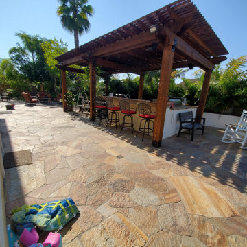 Pool Landscaping - Flagstone Patio with Custom BBQ | Fire Pit