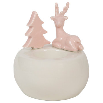 4.5" Pink Reindeer With Tree Christmas Tea Light Candle Holder