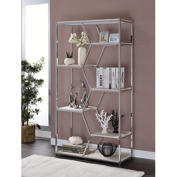Contemporary Bookcase, Chrome Metal Frame With 5 Staggered White Shelves