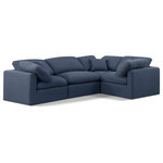 Meridian Furniture - Indulge Upholstered Modular L-Shaped Sectional, Navy, 4-Piece: 1 Armless Chair, 3 Corner Chair, Down Stuffed Linen Textured Fabric - Unwind in tranquil elegance with the Indulge Linen Sectional. Imagine sinking into the plush embrace of this lush sectional, crafted from rich, textured navy linen that feels soft and inviting against your skin. Overstuffed down feather cushions cradle you in cloud-like comfort, while the solid wood frame provides unwavering support. This modular masterpiece isn't just furniture - it's a blank canvas for creating your dream living space. Arrange the versatile pieces in countless configurations, from a sprawling entertainment zone for movie nights to intimate reading nooks for quiet moments. Indulge in the ultimate comfort, endless possibilities, and timeless elegance.