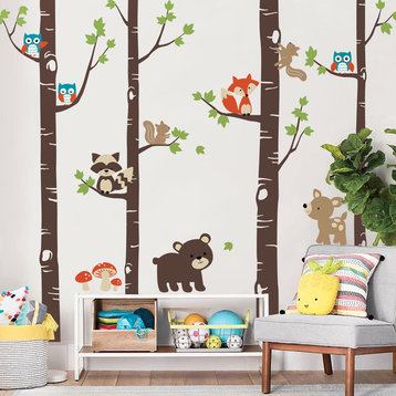 Birch Trees With Cute Forest Animals Wall Decal, Scheme A, 96" Tall Trees