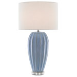 Currey & Company - Bluestar Table Lamp - Made of porcelain, the Bluestar Table Lamp has a beautiful ridged surface with distressing at its thickest points. The cornflower blue lamp sits atop a clear optic crystal base and is topped with a white shantung shade.