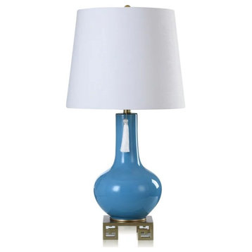 Elegant Table Lamp, Golden Metal Base With Glass Blue Body & White Fabric Shade