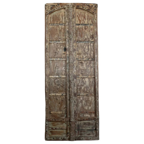 Consigned Antique Exterior Door Arched Rustic Teak Distress White Door 81