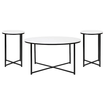 Flash Hampstead Coffee & End Table Set, WH Marbled/BK Crisscross, 3Pc Table Set
