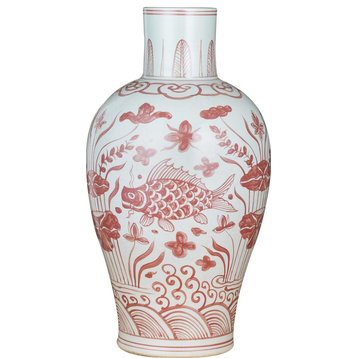 Vase Plum Tree Baluster Coral Red Pink Ceramic Handmade Ha