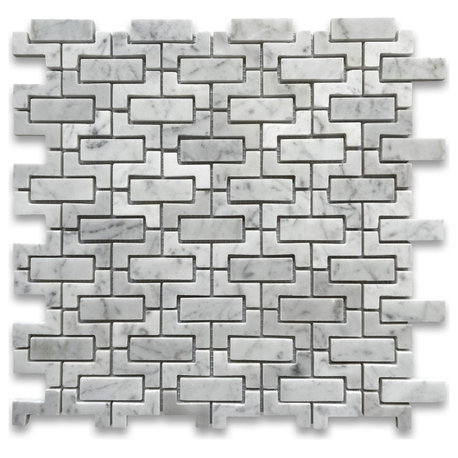 Carrara White Carrera Marble Fretwork Interlock Mosaic Tile Honed, 1 sheet