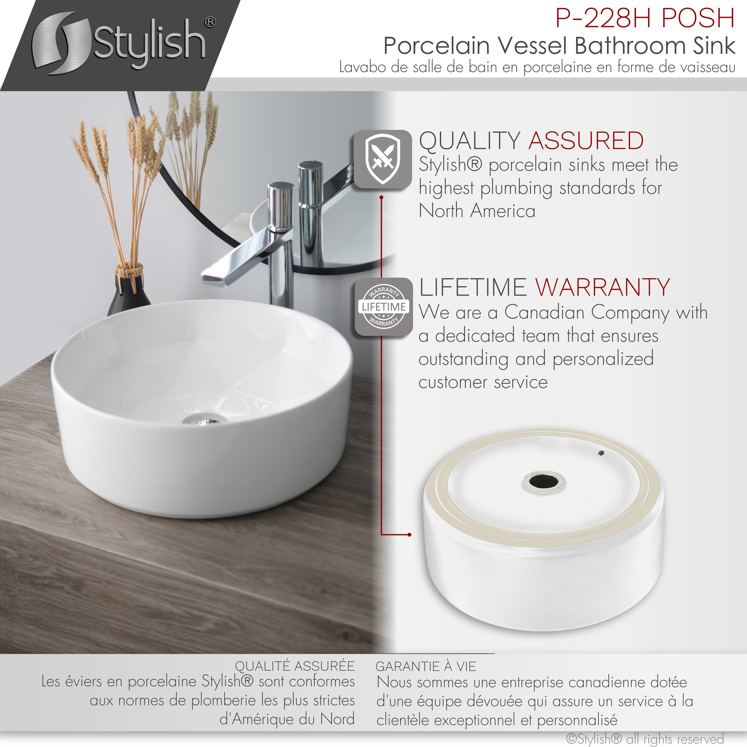 STYLISH Porcelain Round 15-3/4-inches Vessel Ceramic Bathroom Sink White