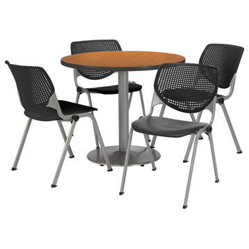 KFI Round 42" Pedestal Table - 4 Black KOOL Chairs - Medium Oak Top