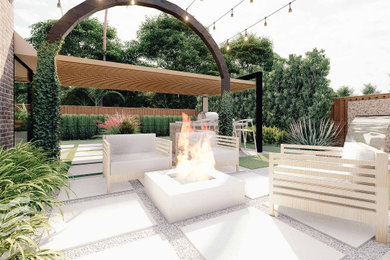 Idee per un giardino formale contemporaneo esposto a mezz'ombra di medie dimensioni e dietro casa in estate con pavimentazioni in cemento e recinzione in legno