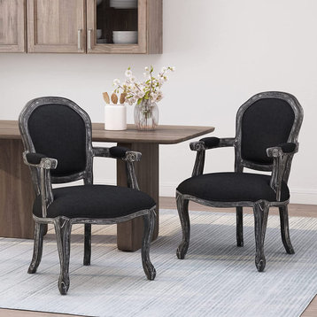 Set of 2 Dining Chair, Cabriole Legs & Fabric Seat With Padded Arms, Black/Grey