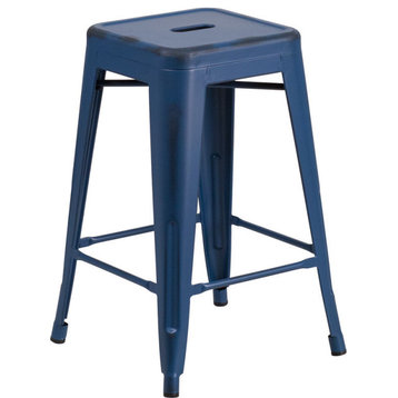 24'' High Backless Distressed Antique Blue Metal Indoor-Outdoor Counter Stool