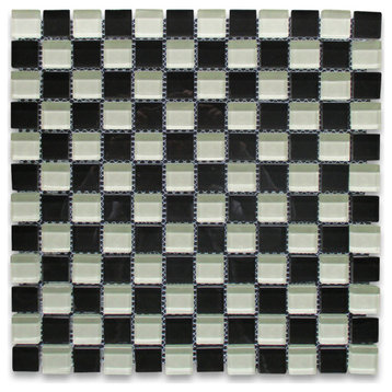 Glass Mosaic Tile White & Black Glass Square Checkered Backsplashes, 1 sheet