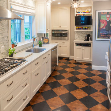 A Bright White Kitchen with harlequin wood floor