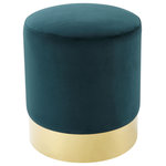 Inspired Home - Madelyn Velvet Round Ottoman With Metal Base, Emerald/Gold - This ottoman's round silhouette blends effortlessly into any casual space. It is an accent piece that is sure to enhance the aesthetics of any modern household. Free of unnecessary embellishments, our velvet round ottoman is both a simple and functional piece. It features a glossy metal base design that assures durability without compromising on the appearance. The base is tastefully complemented by its comfortably upholstered top. Whether used as an extra option for seating guests at your next big game screening or kick up your feet as you lounge in your recliner, this ottoman takes up minimal space. Use one or bunch them together to create a luxe vibe in any room. Give comfort and warmth to your home's interior with the fun and functional round ottoman, adding class and comfort to any space in your living room, family room or den.FEATURES: