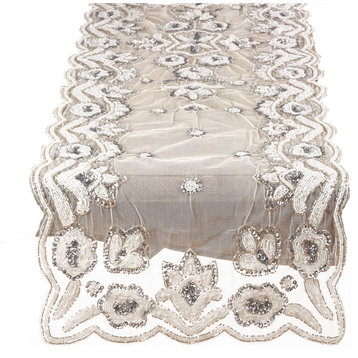 Hand-Beaded Floral Table Runner, 16"x72", Silver