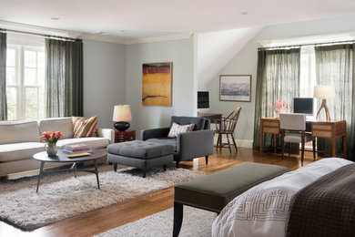 Mid-sized transitional master medium tone wood floor and brown floor bedroom photo in Boston with gray walls and no fireplace