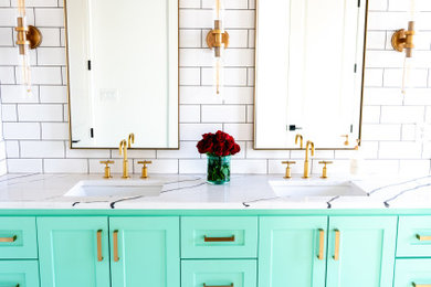 Bathroom - large transitional master white tile and subway tile mosaic tile floor, white floor and double-sink bathroom idea in Little Rock with shaker cabinets, green cabinets, a bidet, white walls, an undermount sink, quartz countertops, a hinged shower door, white countertops and a built-in vanity