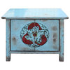 Chinese Distressed Light Pale Blue Fishes Graphic Table Cabinet