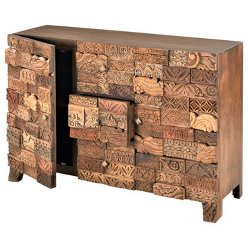60" Rustic Farmhouse Hand Carved Stacked Blocks Sideboard With 3 Drawers