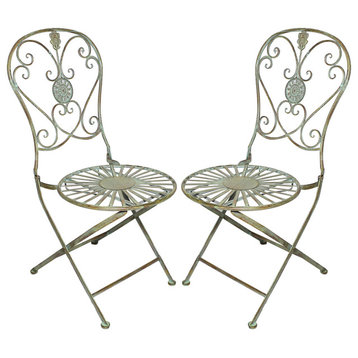 Folding Metal Bistro Chair With Scrolling Heart and Peacock Tail Motif, Set of 2