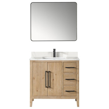 Laurel Bathroom Vanity with Calacatta White Quartz Stone Countertop, Weathered Fir, 36", With Mirror