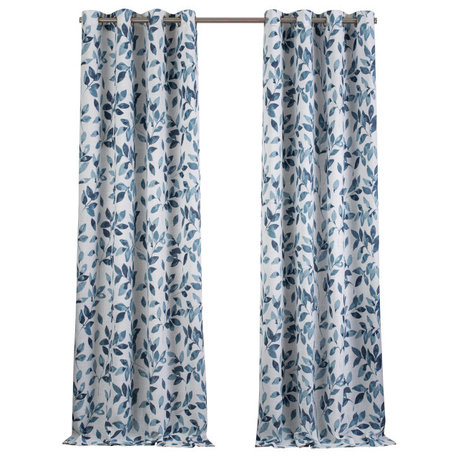 Avalon Botanical Print Blackout Window Curtain, Indigo, 52"x95"