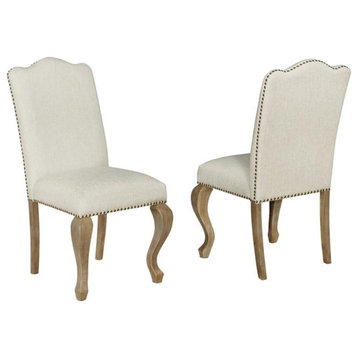 Maklaine Rustic Oak Wood Dining Chairs Upholstered in Beige Fabric (Set of 2)
