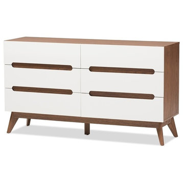 Calypso Mid-Century Modern White and Walnut Wood 6-Drawer Storage Dresser