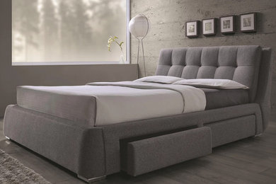 Example of a mid-sized 1950s guest light wood floor and gray floor bedroom design in San Diego with gray walls and no fireplace