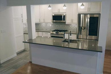 Inspiration for a timeless porcelain tile and multicolored floor kitchen remodel in Toronto with an undermount sink, quartz countertops, green backsplash, mosaic tile backsplash, stainless steel appliances and gray countertops