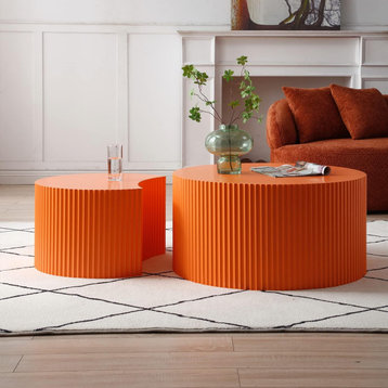 Set of 2 Modern Coffee Table, Nesting Design With Line Patterned Border, Orange