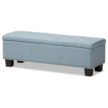 Hannah Upholstered, Button-Tufting Storage Ottoman Bench, Light Blue