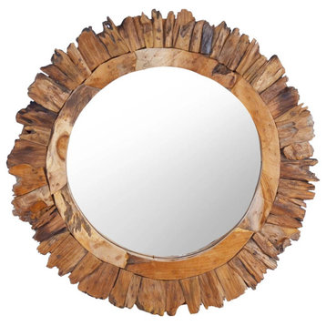 vidaXL Solid Teak Wood Wall Mirror 23.6" Round Hanging Decorative Bathroom