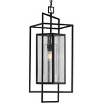 Progress Lighting - Navarre 1-Light Matte Black Clear Glass Transitional Pendant Hanging Light - Define your favorite gathering spaces with the Navarre Collection 1-Light Matte Black Seeded Glass Transitional Outdoor Hanging Pendant Light.
