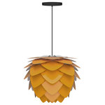 UMAGE - Aluvia Hardwired Pendant, Mini, Saffron/Black - Modern. Elegant. Striking. The VITA Aluvia is an artistic assemblage of 60 precision-cut aluminum leaves, overlapping each other on a durable polycarbonate frame. These metal leaves surround the light source, emitting glare-free, ambient light.  The underside of each leaf is painted white for increased light reflection, and the exterior is finished in one of six designer colors. Available in two sizes, the Medium (18.9"h x 23.3"w) can be used as a pendant or hanging wall lamp, while the Mini (11.8"h x 15.7"w) is available as a pendant, table lamp, floor lamp or hanging wall lamp. Hang it over the dining table, position it in a corner, or use as a statement piece anywhere; the Aluvia makes an artistic impact in any room.