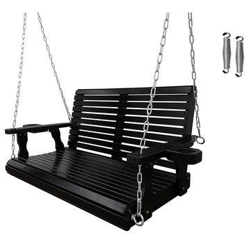 Wooden Porch Swing 2-Seater, Bench Swing with Cupholders (Brown), Black