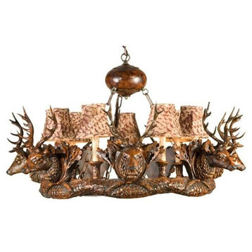Chandelier Lodge 7 Small Stag Head Deer 7-Light Feather Pattern