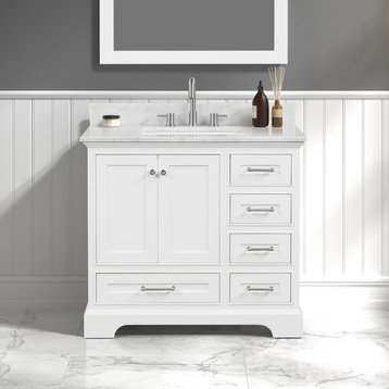 Bath Vanity, Marble Top, White, 36'' With Sink