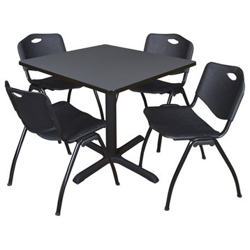 Cain 36" Square Breakroom Table- Grey & 4 'M' Stack Chairs- Black