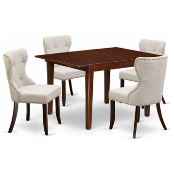 A Dining Set Of 4 Chairs, Doeskin Color, Mid-Century Table In Mahogany Finish