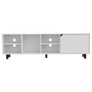 Native TV Stand for TVs up 70" with 5 Open Shelves, Cabinet, and 5 Legs, White