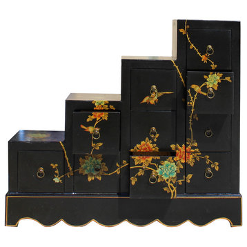 Oriental Black Color Vinyl Flower Birds Step Tansu Cabinet Hcs5776