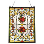 CHLOE Lighting - CHLOE-Lighting ZINNIA Floral Tiffany-glass Window Panel 24" Tall - ZINNIA, a Floral style stained glass window panel features, 2 bright red roses that are laid out symmetrical to each other. This piece is hand crafted from over 255 pieces of hand cut, stained art glass and 8 colorful glass beads. Handcrafted using the same techniques that were developed by Louis Comfort Tiffany in the early 1900s, this beautiful Tiffany-style piece contains hand-cut pieces of stained glass, each wrapped in fine copper foil.