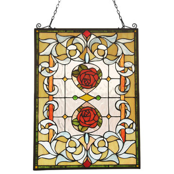 CHLOE-Lighting ZINNIA Floral Tiffany-glass Window Panel 24" Tall