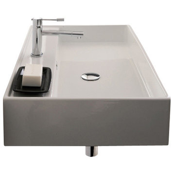Rectangular White Ceramic Wall Mounted or Vessel Sink, Three Hole