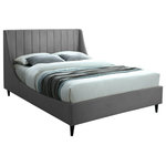 Meridian Furniture - Eva Velvet Upholstered Bed, Gray, Full - Snuggle up to a pet or other loved one in this richly upholstered Eva grey velvet full size bed for the ultimate in rest and relaxation. The wing back headboard has cushioned vertical deep channel tufting, and both the side rails and footboard are upholstered too for your comfort. Tapered black wood legs match the upholstery and support this contemporary bed, elevating it sufficiently that you can store items underneath.