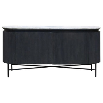 Elegant Sideboard, Metal Base With Fluted Accented Doors & Granite Top, Charcoal