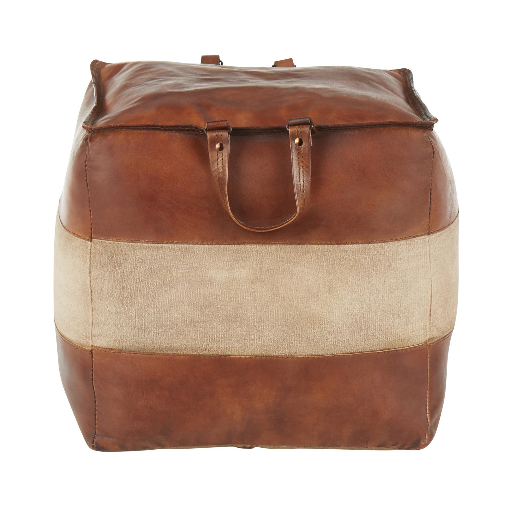 Cobbler Pouf, Brown Leather, Tan Canvas