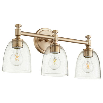 Rossington 3-Light Vanity Fixture, Aged Brass With Clear Seeded Glass